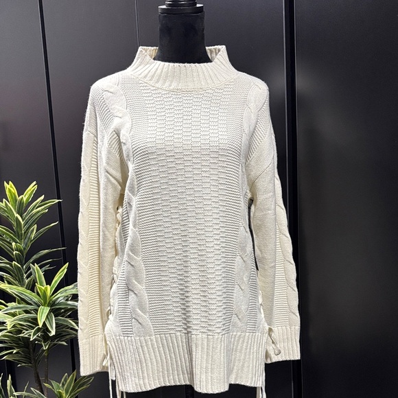 Black Tape Cable Knit long sweater/top,loose high neck,braided side detail - Picture 1 of 10